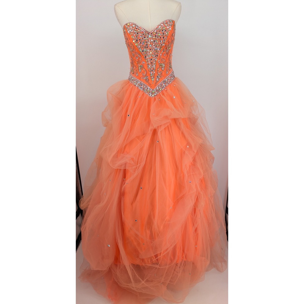 Mori Lee Ball Gown Dress 8 Orange Beads Tulle Corset Rhinestone Prom Quinceanera